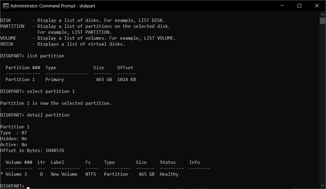 Команда detail partition в diskpart — информация о разделе