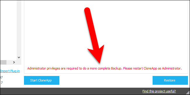 Сообщение о правах администратора в CloneApp
