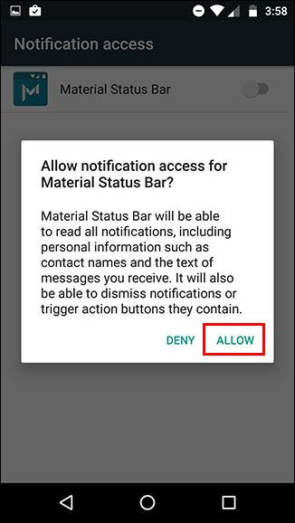 Экран включения доступа к уведомлениям для Material Status Bar