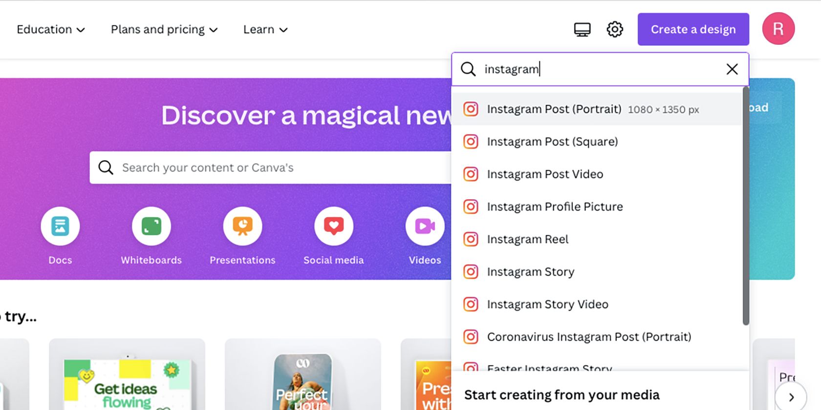 Опции создания дизайна в Canva.