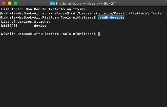 Resultado adb devices no Terminal do Mac