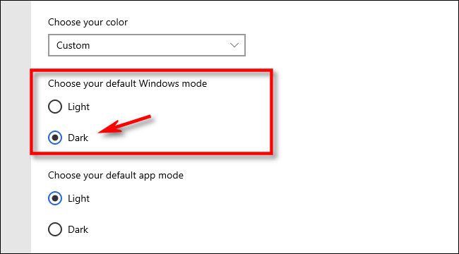 Выбор режима Windows по умолчанию: установлен Темный режим