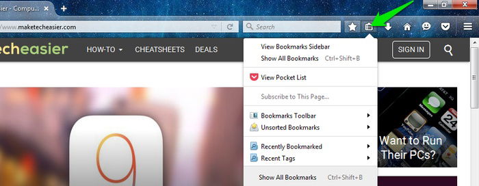 Меню закладок: открыть список сохранённых страниц