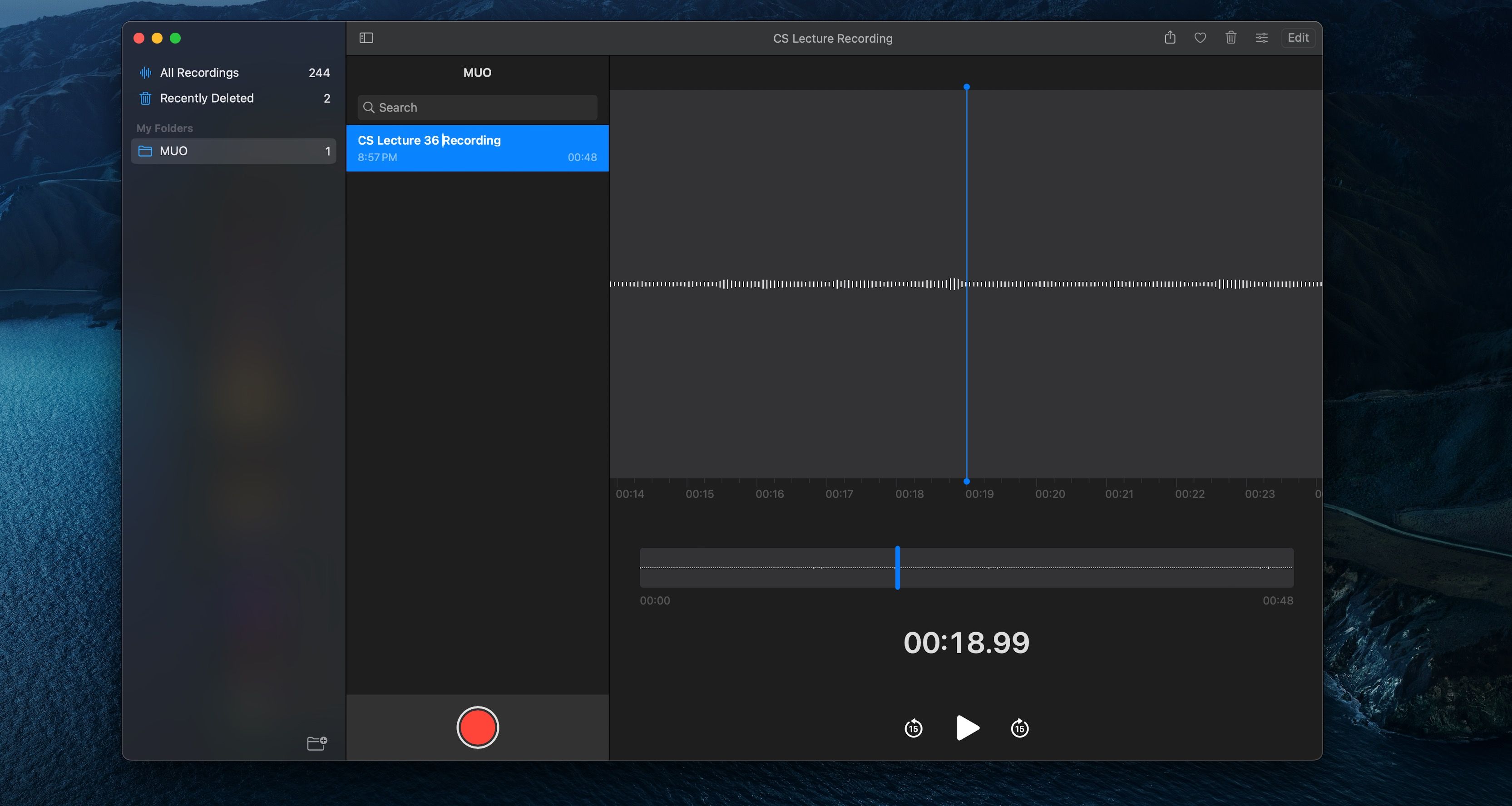 macOS Voice Memos app open, where file name of a voice note is being changed