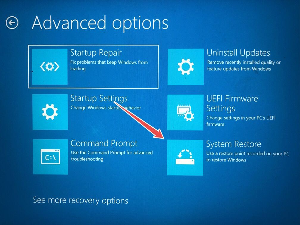 Опция «Восстановление системы» в среде восстановления Windows