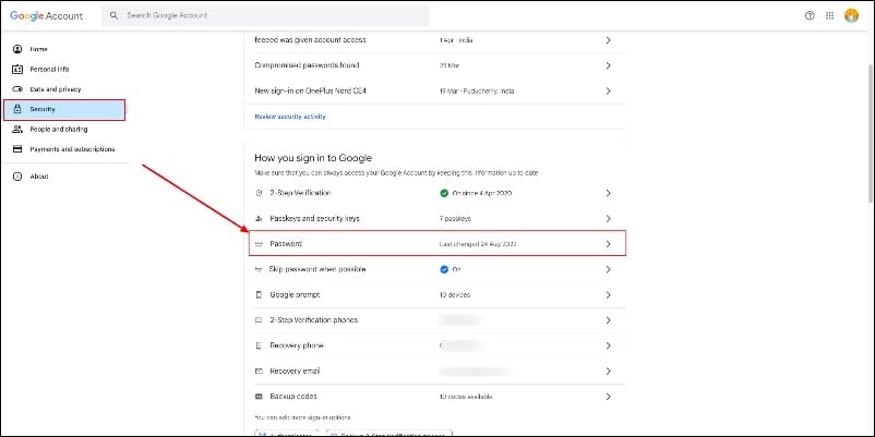 Страница безопасности Google аккаунта