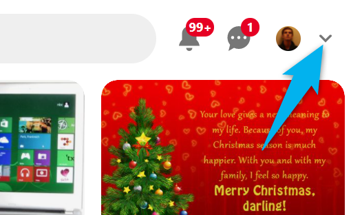 Нажмите на стрелку вниз в правом верхнем углу Pinterest.