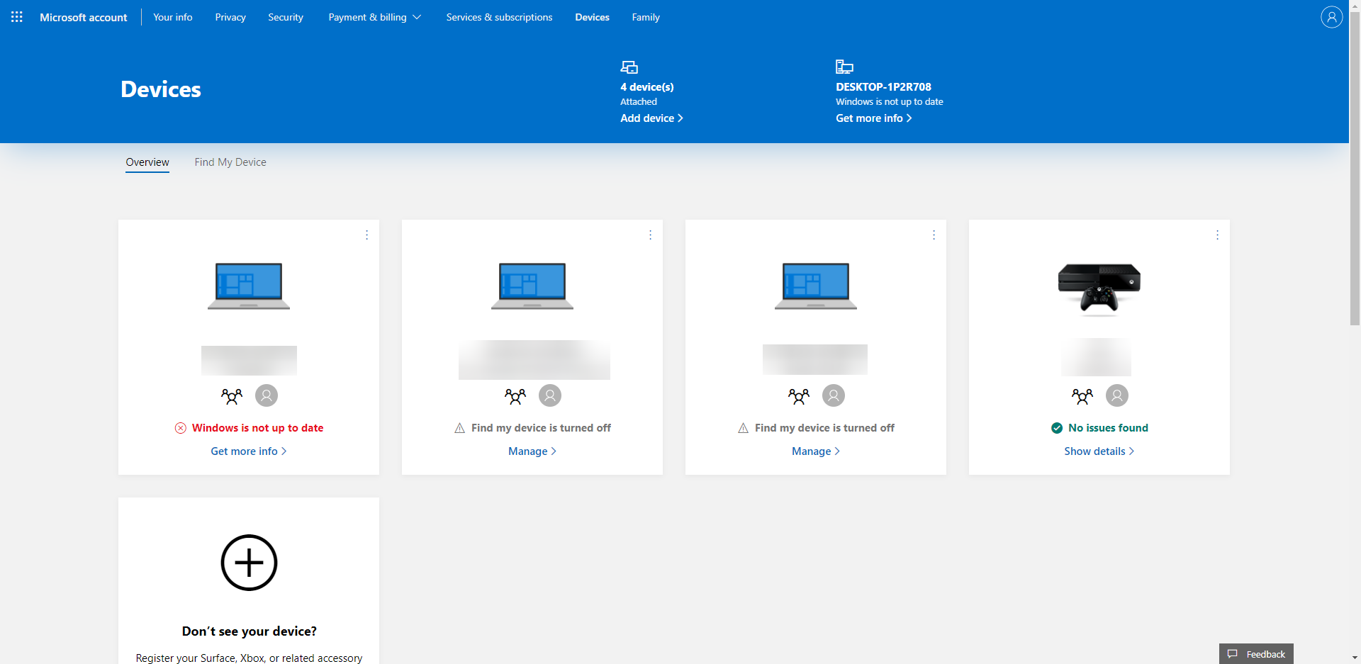Скриншот раздела «Все устройства» на сайте Microsoft