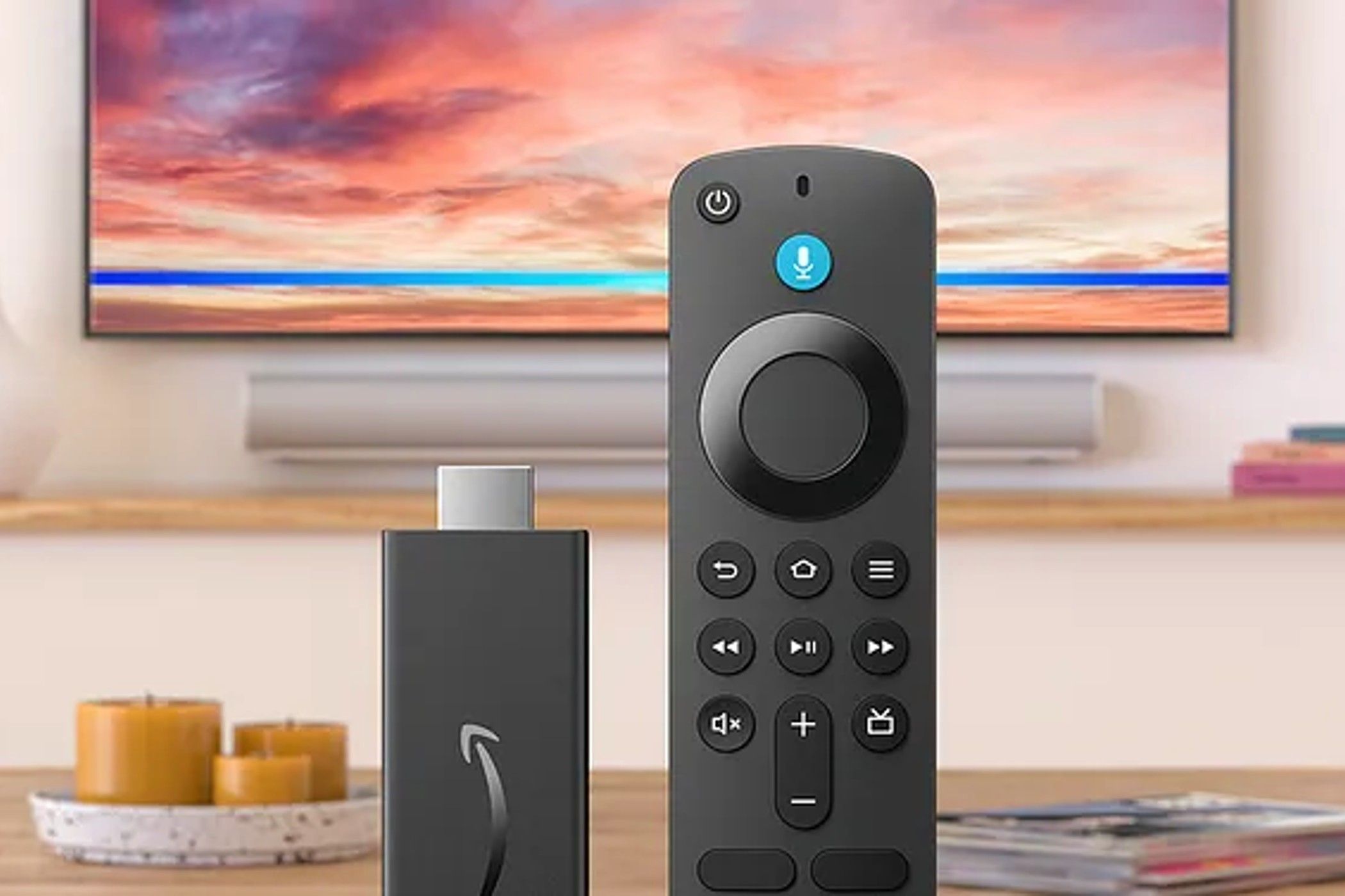 Amazon Fire Stick HD рядом с телевизором.