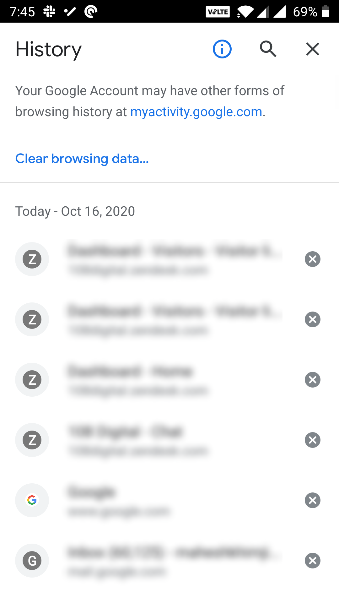 Экран очистки данных в мобильном Chrome