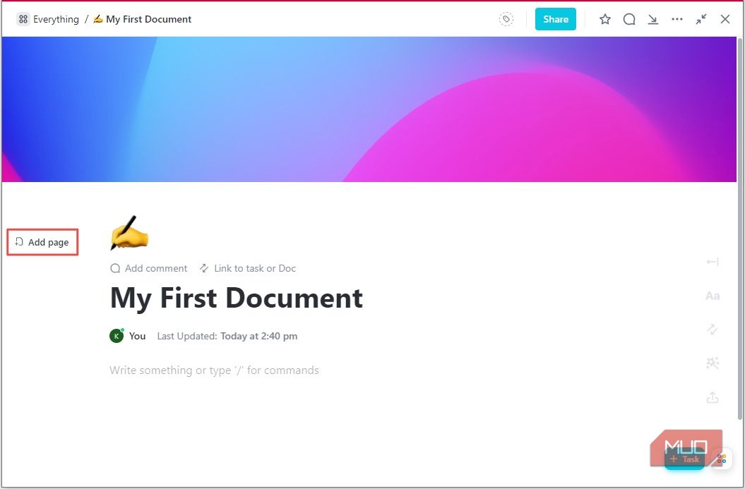 Добавление страниц в ClickUp Doc