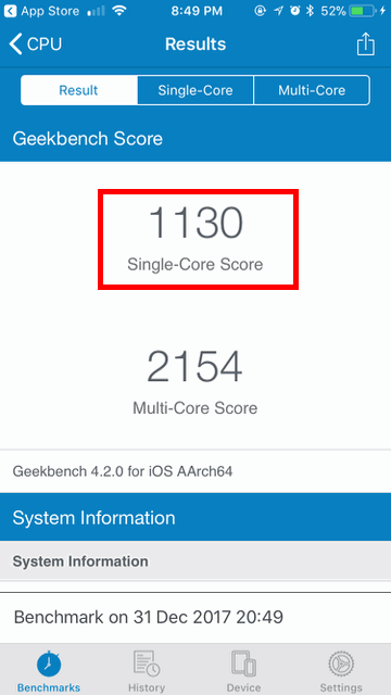 Экран с итоговыми баллами single-core и multi-core в Geekbench