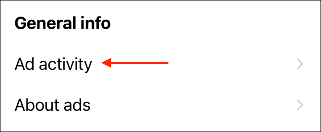 Кнопка Активность рекламы в настройках Instagram