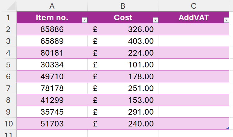 Таблица Excel с номерами позиций, себестоимостью и пустым столбцом AddVAT.
