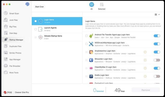 Управление элементами автозагрузки в Cleaner One Pro