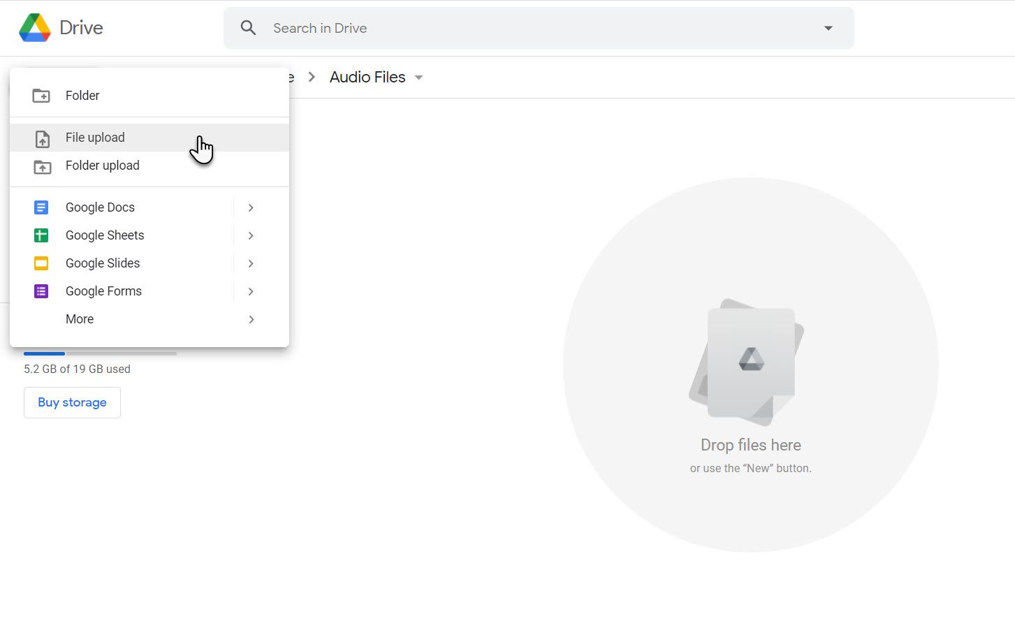 Загрузка аудиофайла на Google Диск — пример процесса загрузки