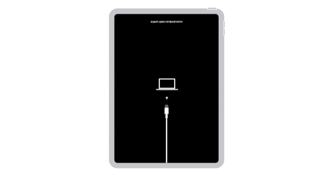 Экран режима восстановления на iPad с подсказкой о подключении к компьютеру.