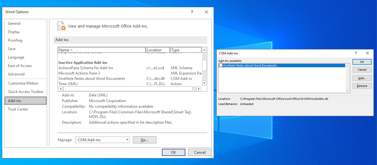 Меню надстроек Microsoft Word