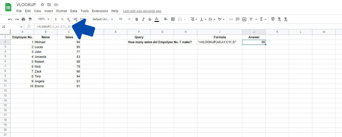 Пример простого поиска VLOOKUP в Google Таблицах