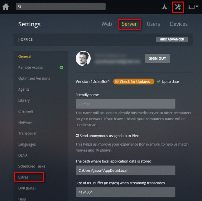 Меню Extras в Plex