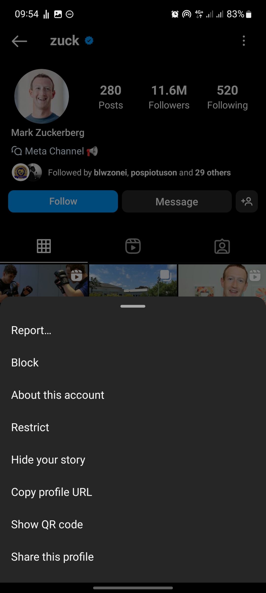 screenshot of profile options on instagram