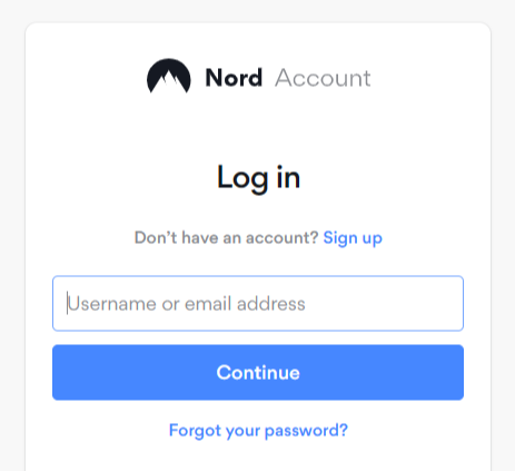 NordVPN log in screen