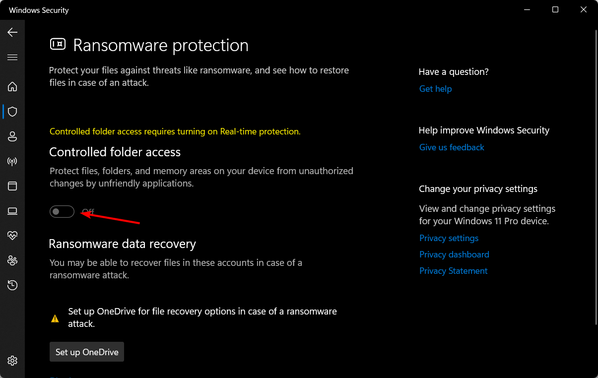 Отключение контролируемого доступа к папкам