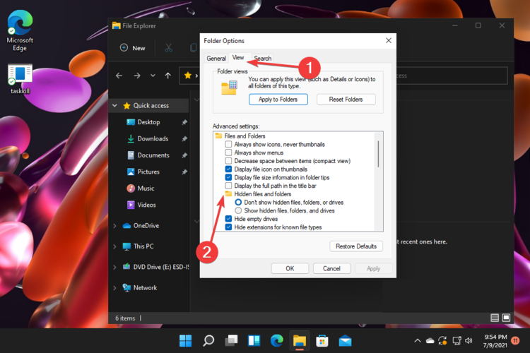Параметры отображения скрытых файлов