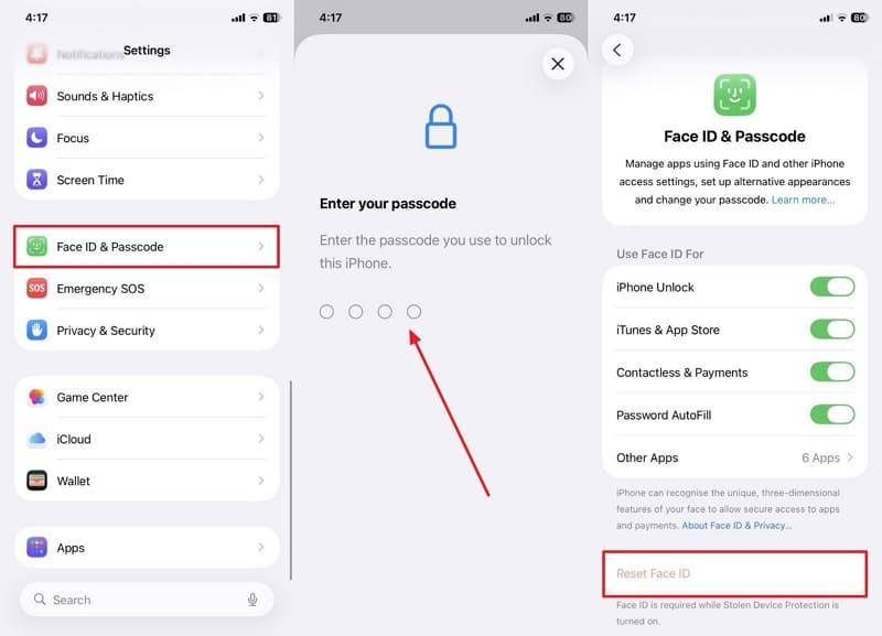 Reimpostare Face ID nelle impostazioni dell'iPhone