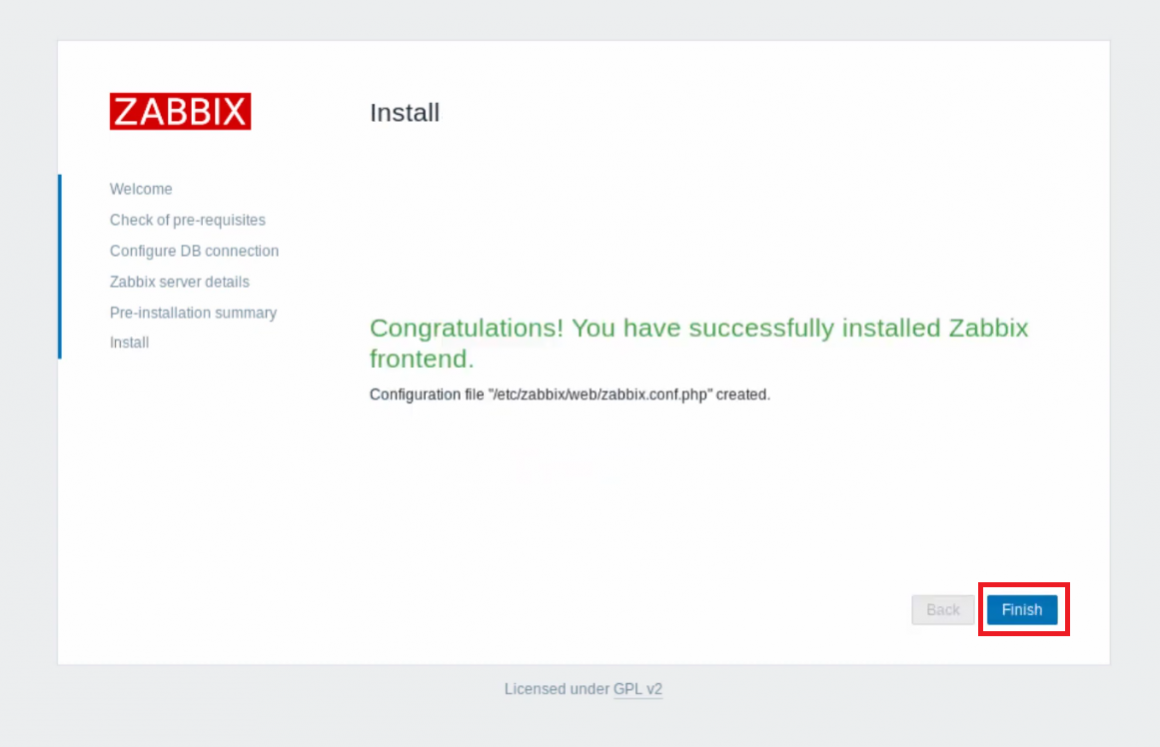 Установка Zabbix завершена — экран подтверждения