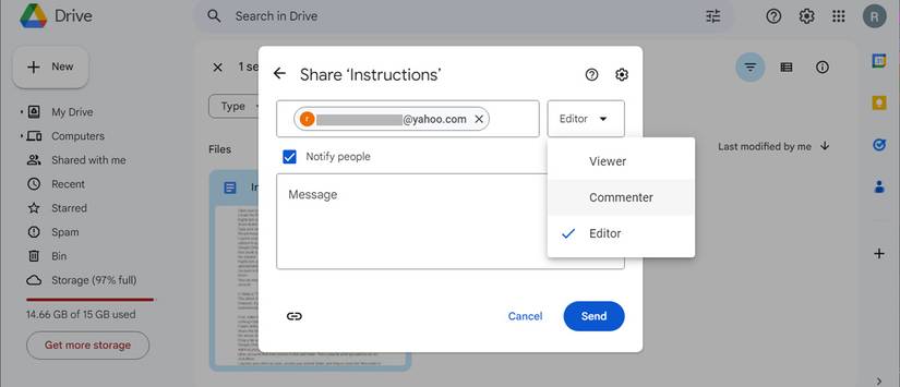 Установка ролей при совместном доступе к файлу в Google Drive
