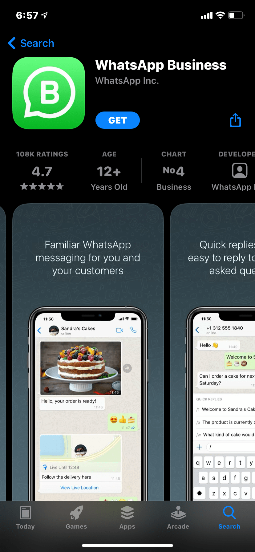 Экран загрузки WhatsApp Business в App Store