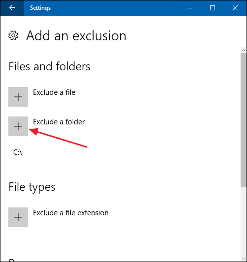 Добавление исключения для диска C: