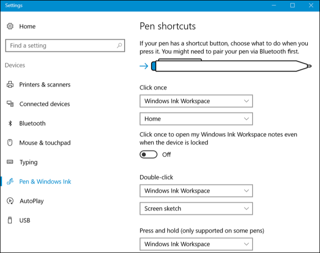 Параметры пера и Windows Ink в параметрах Windows