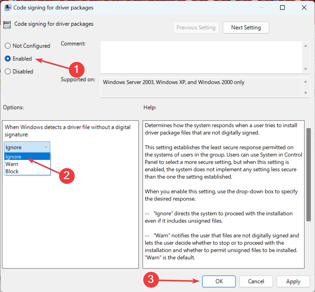 включение политики игнорирования подписи драйверов