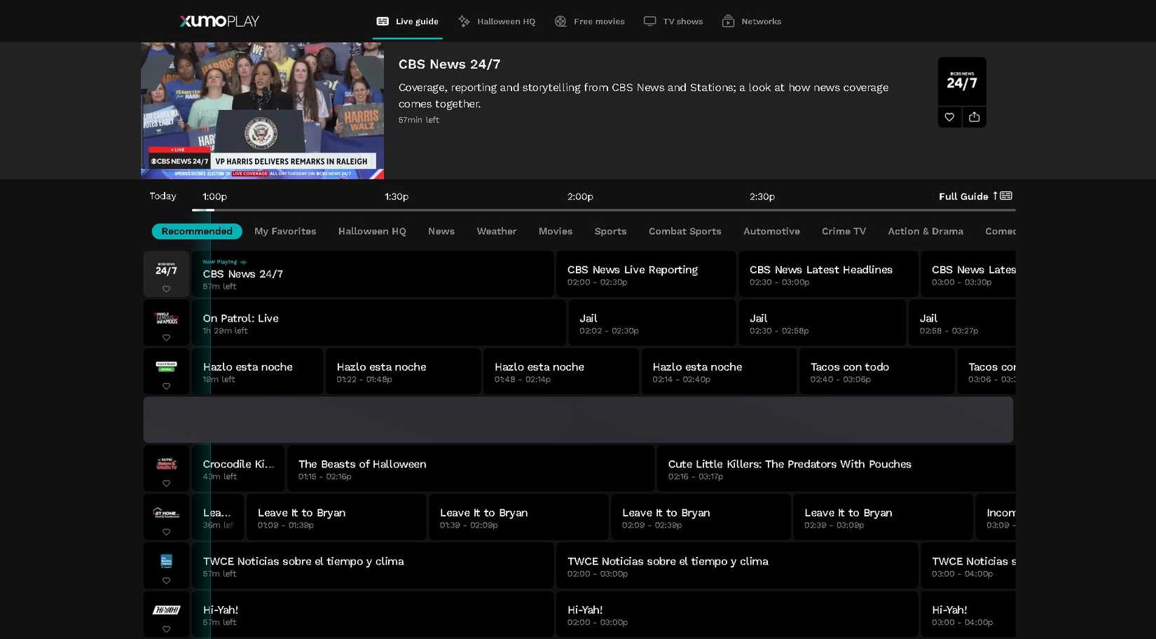 Список каналов Xumo Play с категориями фильмов и телевизионных шоу