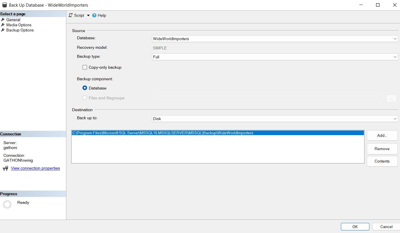 Диалоговое окно Backup Database с полем назначения файла .bak