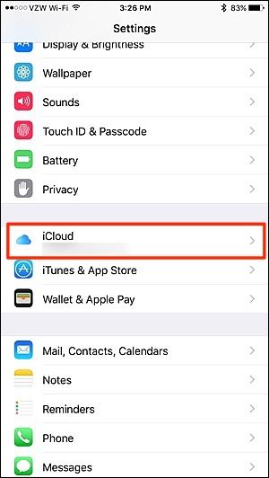 Экран iOS: раздел iCloud в настройках
