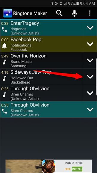 Список доступных аудиофайлов в Ringtone Maker с выделением файла для редактирования