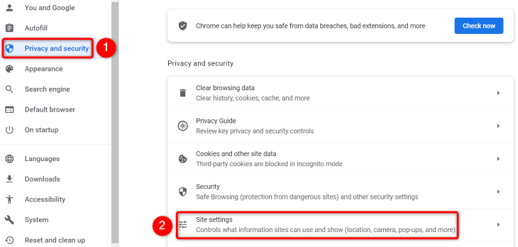 Выберите Конфиденциальность и безопасность > Настройки сайтов.