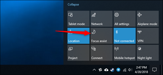 Центр действий Windows 10: выбор плитки Focus Assist