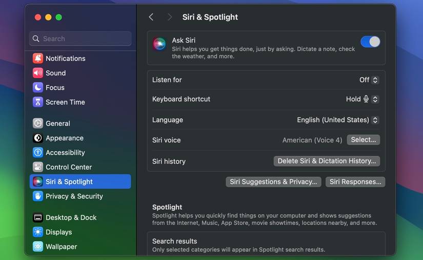 Меню настроек Siri в macOS Sonoma