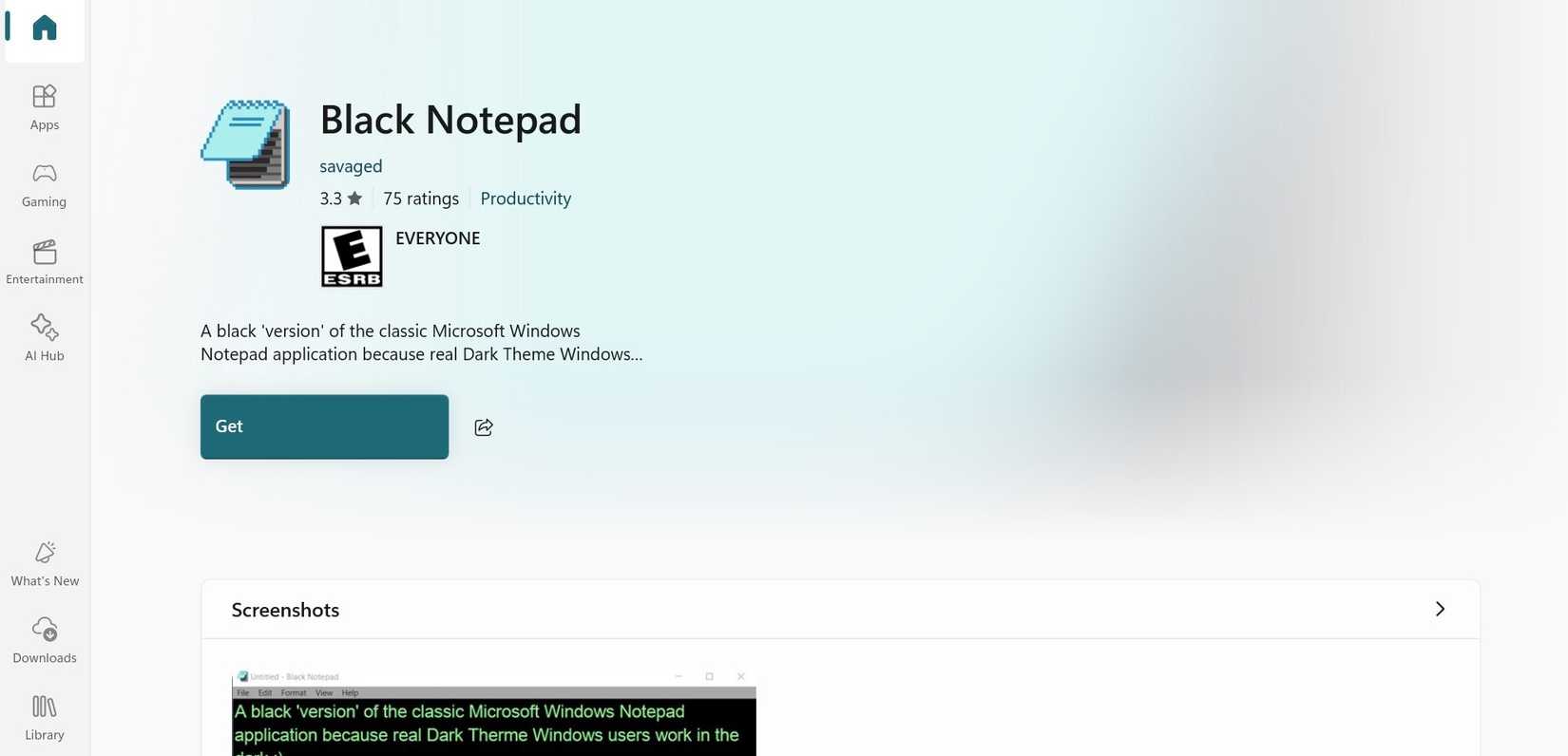 Скриншот страницы приложения Black Notepad в Microsoft Store