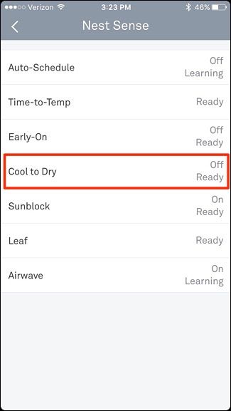 Переключатель Cool to Dry в приложении