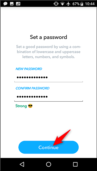 Экран ввода нового пароля в мобильном приложении Snapchat