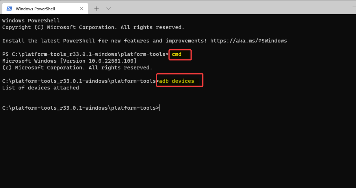 Команды cmd и adb devices в терминале