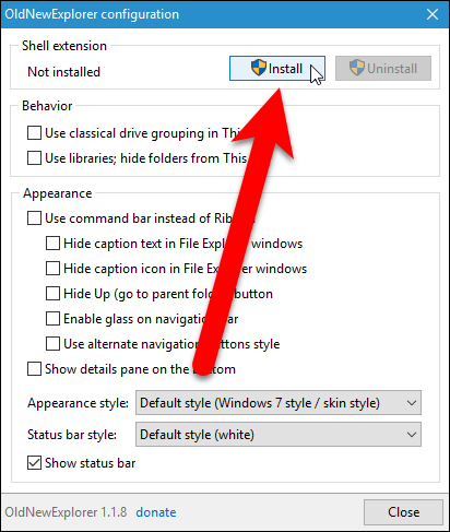 Кнопка Установить в разделе расширения оболочки
