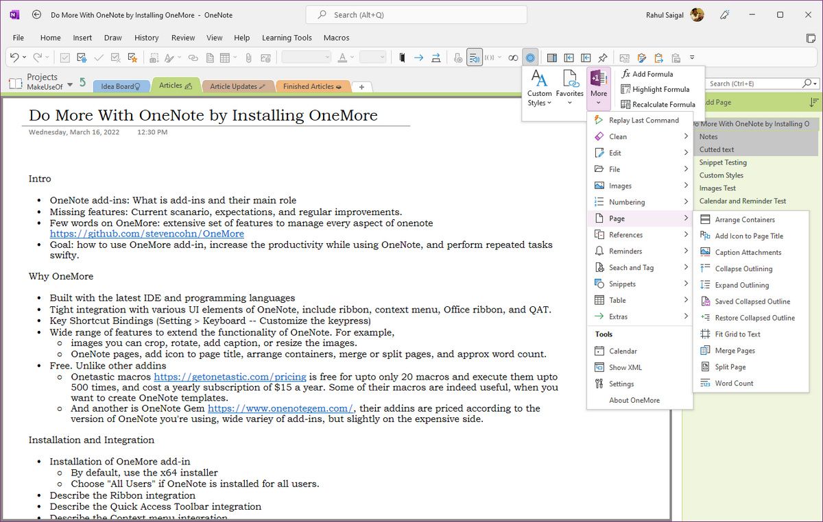Команды для работы со страницами в OneMore
