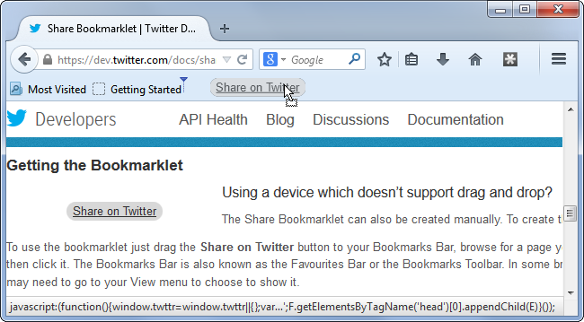 Перетаскивание bookmarklet на панель закладок