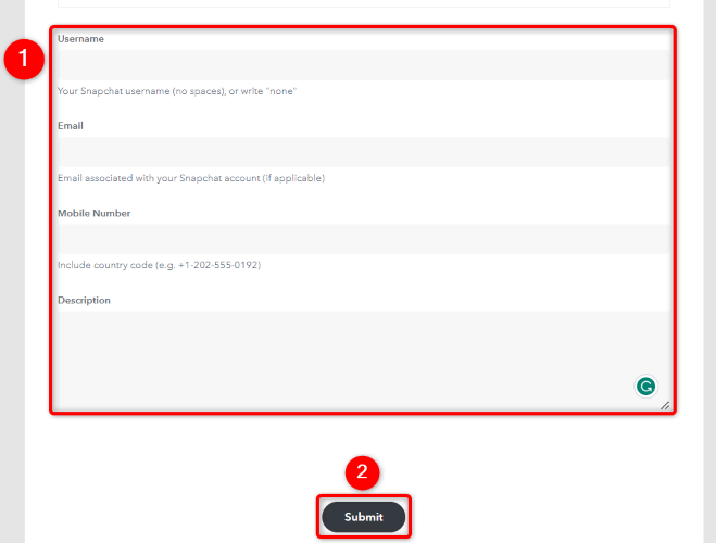Отправка формы восстановления в поддержку Snapchat.